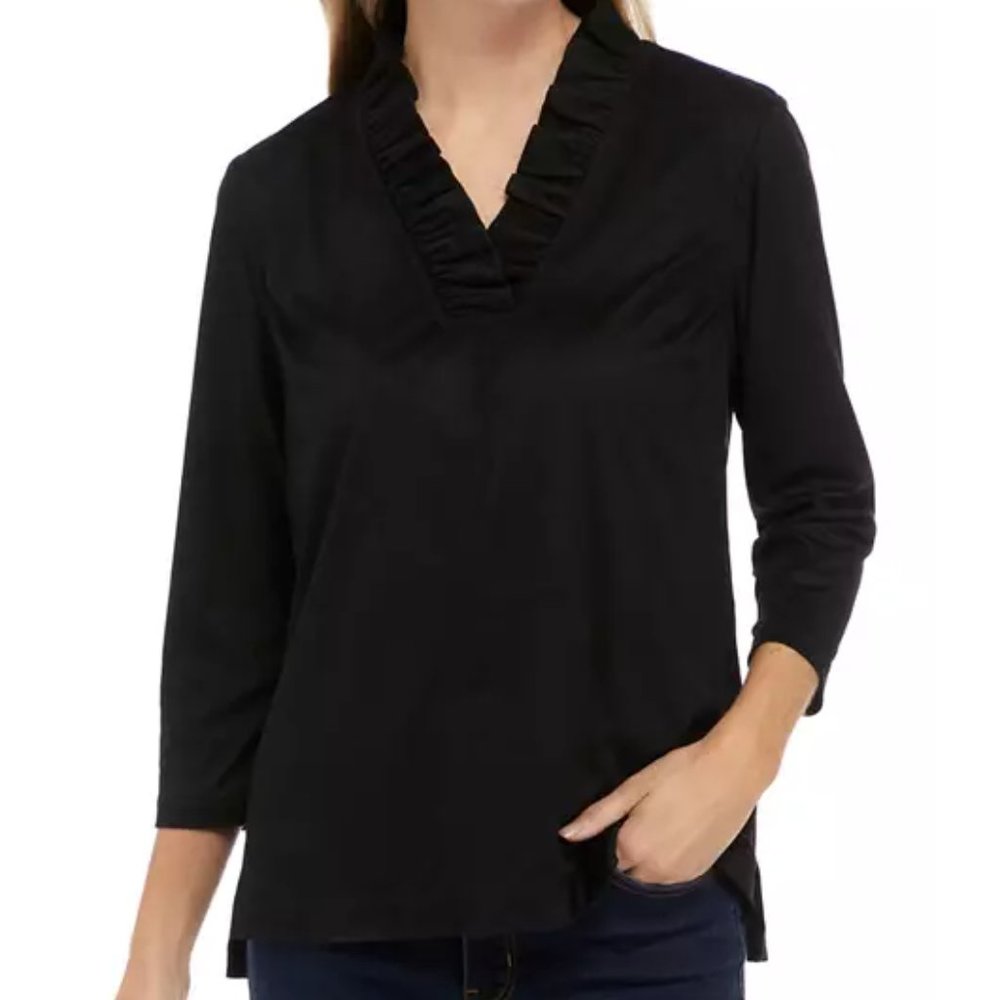 Crown and Ivy  Women's 3/4 Sleeve Ruffle Neck Top Black L